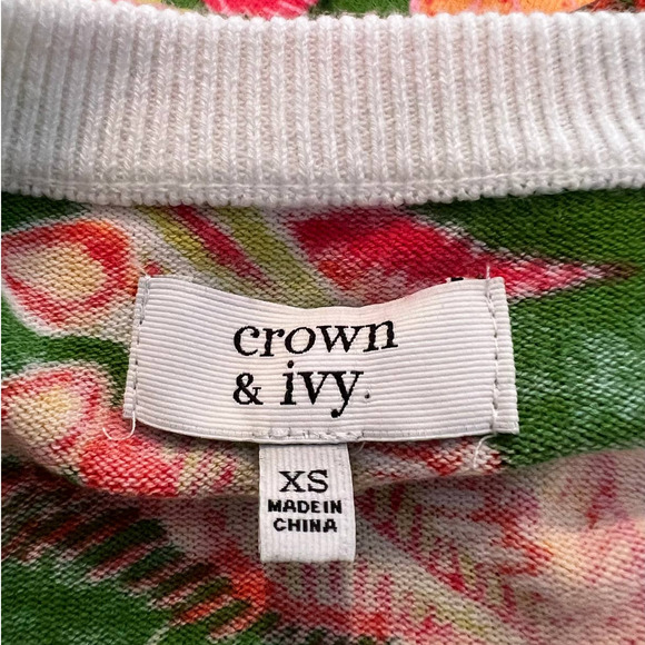 Crown & Ivy Cardigan Sweater in Green Pink Orange Floral Feather Print Size XS - Picture 4 of 5
